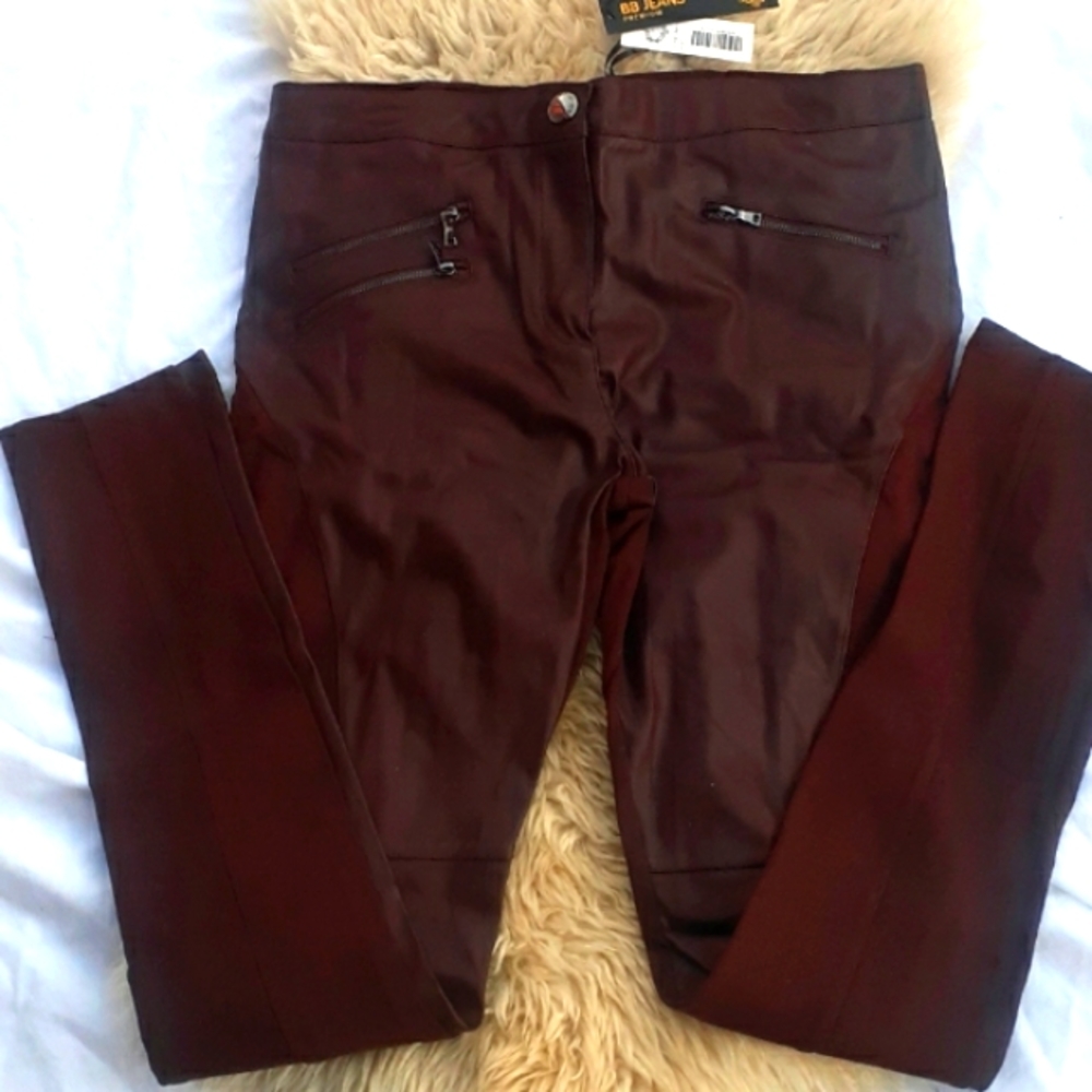 BROWN Faux Leather & cloth leggings size L NEW